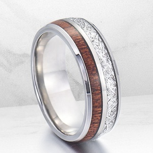 Anneau en carbure de tungstène en acier inoxydable, incrustation de météorite simulée, 8mm de dôme, Hawaii Koa <span class=keywords><strong>bois</strong></span> argent <span class=keywords><strong>Imitation</strong></span> - Product Image 2