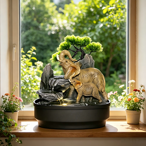 Fuente de Agua Decorativa de Mesa con Cascada, Rocas y Árbol Bonsái con Forma de Familia de Elefantes, con Luces LED para Decoración de Hogar, Oficina y Escritorio, Relajación Interior - Product Image 3