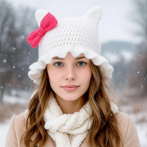 SOLPOP <span class=keywords><strong>Chapeau</strong></span> Bob en Crochet Fait Main pour Femme, avec Oreilles de Chat Découpées, Bord Volanté, <span class=keywords><strong>Chapeau</strong></span> Tricoté Creux, Casquette de Pêcheur avec Nœud - Product Image 3