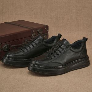 Men's Genuine <b>Leather</b> Platform <b>Sneakers</b> Round Toe Lace-up Autumn Lightweight Rubber Outsole EVA Midsole Casual Shoes - Product Image 1