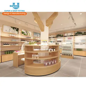 Customized Makeup Gondola Display Shelf Retail Skincare Display Showcase Wooden Cosmetics Shop Interior Design