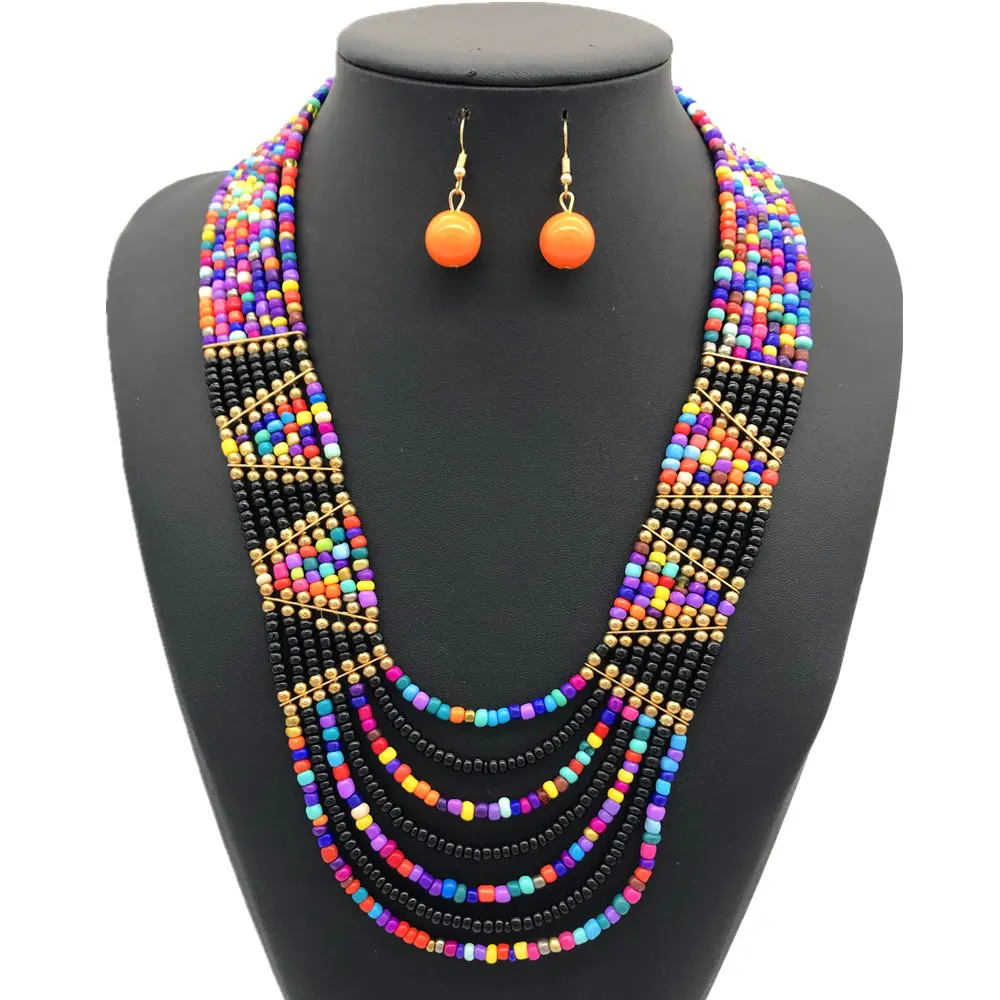 Бусины многорядные богемный набор из ожерелья и сережек ручной работы, модные и бижутерия в винтажном стиле