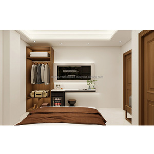 Modern Wood 3 Star Hotel Bedroom Sets with <b>Bed</b> <b>Frame</b> Wardrobe Lounge & Work Area for Commercial Hospitality Projects - Product Image 1