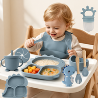 Ensemble de vaisselle pour tout-petits en silicone de qualité alimentaire, comprenant une assiette à ventouse, un bol, une cuillère, une tasse et un bavoir pour l'alimentation des bébés
