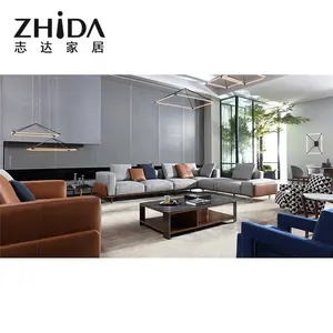 Zhida factory custom made high end villa living room fabric sectional sofa set couch modern design genuine leather l shape sofa