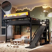 Lit mezzanine Queen Size en métal avec toboggan, étagères de rangement, armoire, éclairage LED USB, panneau perforé, noir, moderne, gain de place, robuste, pour entrepôt et école