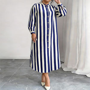 Robe chemise à rayures pour femmes <span class=keywords><strong>grande</strong></span> <span class=keywords><strong>taille</strong></span>, à manches longues, à simple boutonnage, coupe droite, jupe décontractée pour femme, <span class=keywords><strong>grande</strong></span> <span class=keywords><strong>taille</strong></span> 1XL-5XL - Product Image 1