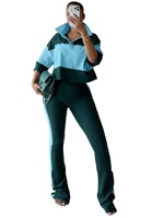 Ensemble deux pièces streetwear pour femme : Polo à col contrastant et pantalon long évasé rayé – 5 couleurs tendance en stock