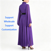 Robe longue en mousseline violette à col montant avec manches longues bouffantes, ceinture noire à la taille, robe de cérémonie modeste pour invitée de mariage, personnalisable