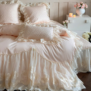 Juego de Ropa de Cama Girlish 140S de Algodón de Fibra Larga, con Encaje Francés, Funda de Edredón Floral 3D, Estilo Falda de Cama, Color Rosa, 4 Piezas, para Uso Doméstico - Product Image 3