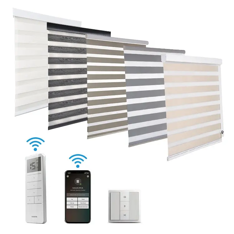 Amerikan standart kablosuz güneş paneli bataryası motorlu zebra jaluzi akıllı pencere valance tonları persianas