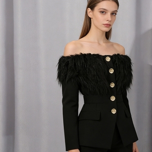 <span class=keywords><strong>Blazer</strong></span> Negro con Hombros Descubiertos y Plumas para Mujer - Chaqueta Elegante para Fiesta Formal con Detalle de Botones Dorados Sehe Fashion - Product Image 2