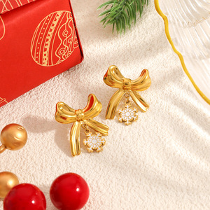 ต่างหูรูปต้นคริสต์มาส ชุบทอง สแตนเลสสตีล จี้รูปโบว์ ของขวัญวันหยุด เครื่องประดับ EH12125 - Product Image 4