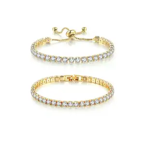 Tenis diseñador ajustable lujo moda cristal joyería rectángulo circón tenis pulsera cúbica 18 K oro blanco plateado garra