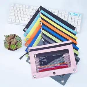 Gelory Pencil Pouch Case 3 Rings Binder Double Zipper File Stationery Bag Oxford Cloth Dual Pocket Mesh Window Pencil Bag Multicolor