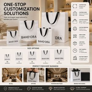 Sac cadeau en carton kraft écologique personnalisé à fond carré avec poignée en ruban de satin, sac de shopping de luxe pour boutique de vêtements - Product Image 3