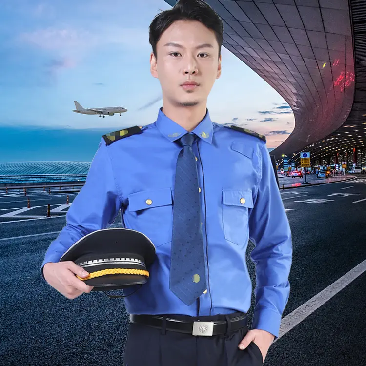 Uniforme di sicurezza blu personalizzata per equipaggio di cabina pilota con stampa digitale formale uniforme di sicurezza invernale camicie uniformi da uomo in cotone