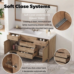 Mueble de Baño de 60 Pulgadas con Lavabo SMC, Moderno Gabinete de Almacenamiento Grande con Cajones de Cierre Suave y Puertas de Ratán - Product Image 2