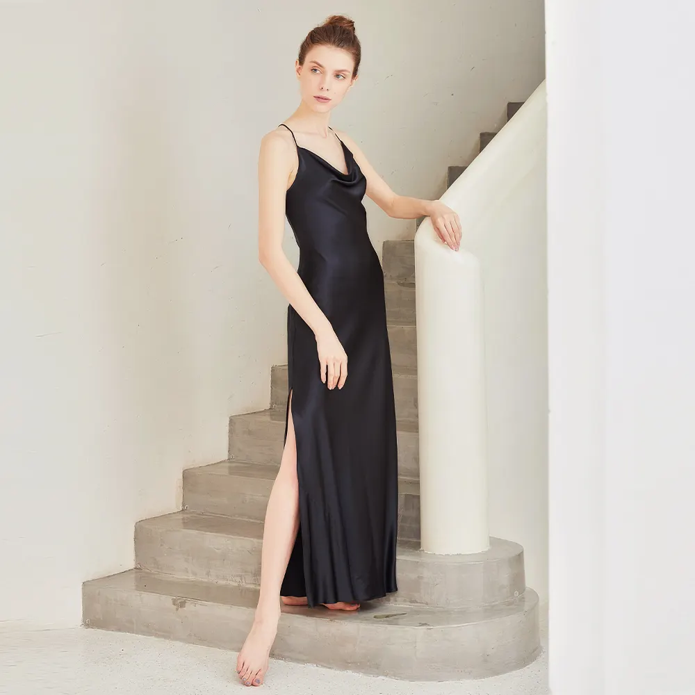 Wholesale customization 16-22momme Black Silk Evening Dress Long Dress Summer Daily Mulberry Silk Dress