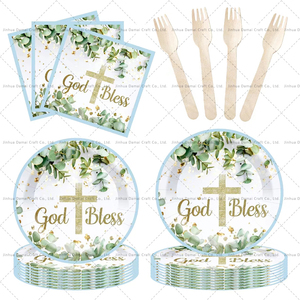 DAMAI God Bless Plates Baptism <b>Tableware</b> First Holy Communion <b>Disposable</b> Paper Dinnerware for Christening Baby Shower Supplies - Product Image 3