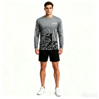 T-shirt à manches longues pour homme personnalisé OEM ODM avec sublimation Marlin, col rond, impression intégrale pour vêtements de sport