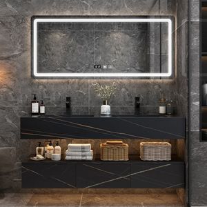 Minimalist hotel style rock slab integrated basin bathroom cabinet intelligent defogging <b>mirror</b> cabinet set - Product Image 2