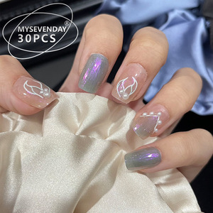 สติ๊กเกอร์ติดเล็บทำมือสีตัดกันมุกสีม่วงเล็บปลอมขายดี30ชิ้นถอดออกได้ - Product Image 2