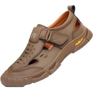 รองเท้าแตะหนังผู้ชายแบบเจาะรู ปิดด้วยเวลโคร ระบายอากาศได้ดี เหมาะสำหรับใส่ลำลองกลางแจ้ง สีดำ เทา น้ำตาล - Product Image 4