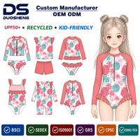 Maillot de bain une pièce pour filles à manches longues et fermeture éclair sur le devant, imprimé palmiers tropicaux, volants, protection UPF 50+, certifié GRS, fabriqué par un fabricant