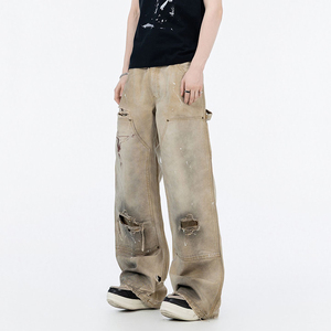Jeans para <span class=keywords><strong>Hombre</strong></span> de Marcas de Moda con Acabados Desgastados y Diseños con Efecto de Tinta Pintada, Estilo Cabaña, Pantalones Rectos de Pierna Ancha - Product Image 2