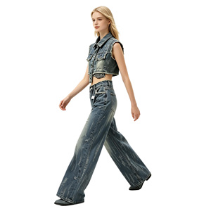 Vintage Washed Streetwear Set with Frayed Details Outfit <strong>Cropped</strong> Sleeveless Vest &amp; Wide Leg Jeans Womens Denim 2-Piece - Product Image 2