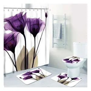 CF BS43 tirai kamar mandi, Set tirai kamar mandi tahan air warna ungu bunga putih dekorasi rumah