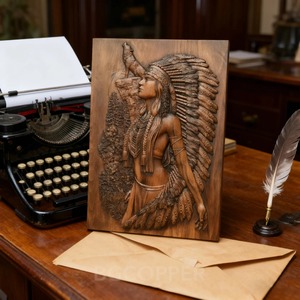 Scultura in Legno Massello con Dettagli in Rilievo e Finitura Naturale, Design Donna e Lupo per Decorazione d'Interni - Product Image 3