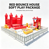Aire de jeux gonflable colorée Château Rouge avec chariot de poney et piscine à balles jaune pour enfants, idéale pour les fêtes et événements intérieurs/extérieurs