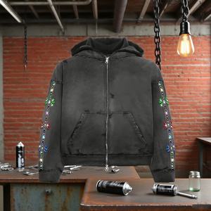 Custom Diamond Baggy Boxy Fit Stone Acid Wash Zip up <b>Jackets</b> Heavyweight Oversize Streetwear Distressed <b>Rhinestone</b> Hoodie Men - Product Image 1