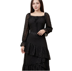 Custom Women Off-the-shoulder Neck Dotted Chiffon A-Line Maxi <b>Dress</b> Long Sleeve High Waist Flounce Tiered <b>Swing</b> Casual Leisure - Product Image 1