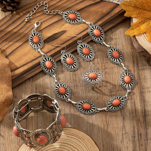 Date Western Bohême Orange Ovale Turquoise Ensemble de Bijoux Cowgirl Squash Blossom Charme Collier Boucles <span class=keywords><strong>D</strong></span>'oreilles Anneau Bracelet pour Femme - Product Image 3