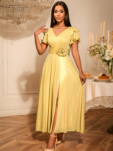 AM050408 brillante cuello en V manga corta flor hendidura una línea vestidos largos oro Maxi vestido de noche para las mujeres - Product Image 2