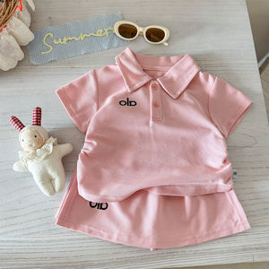 Tongxingyuan Girls Summer Set Polo <b>Top</b> Skirt Cotton Two Piece Outfit Solid Color Letters Thin Fabric - Product Image 3