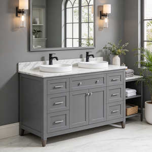 Mueble de Baño con Lavabo Doble de Madera Maciza Gris, Mueble de Almacenamiento Independiente para Baño - Product Image 2