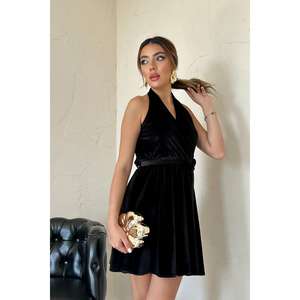 Robe de soirée élégante en velours noir, dos nu, coupe trapèze, taille naturelle, ajustement confortable - Product Image 4