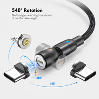 Cable de Carga Magnético USB 3 en 1 con Rotación de 540 Grados, Cable de Datos Trenzado de Nailon con Carga Rápida de 3A, Micro USB C para Teléfono Tipo C