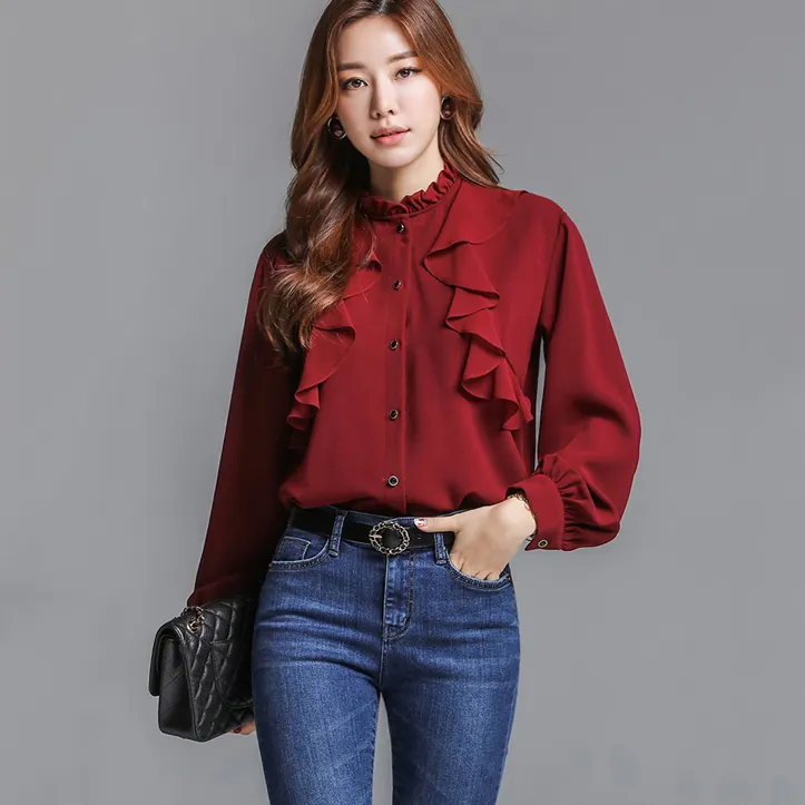 China Manufacturer Oem Long Sleeve Front Button Tops 2020 Long Sleeve Women Blouse High Neck