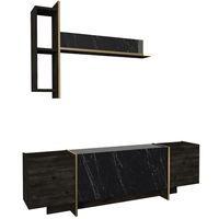 Unit TV Veyron Mewah Eksklusif dari Chipboard, Panel Modern Efek Kayu, untuk Ruang Tamu Apartemen, Finishing Marmer Rebab, Terbaik dari Turki