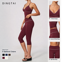 Ensemble de sport et yoga Dingtai pour femme : Legging capri taille haute brossé effet push-up et crop top color block – Lot de 2 pièces