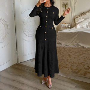 Vestido Casual Largo para Mujer, Estilo Vintage Europeo Americano, Elegante, <span class=keywords><strong>Manga</strong></span> <span class=keywords><strong>Larga</strong></span>, Color Sólido, Corte en A, Antiarrugas - Product Image 3