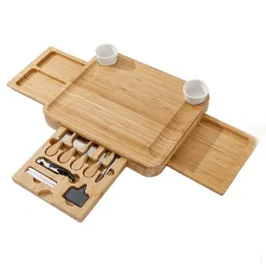 Placa de bambu reutilizável para alimentos, conjunto de três camadas de queijo de bambu e faca