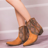 Sepatu Bot Kulit Sapi Wanita Model Western, Sepatu Bot Cowboy Setengah Tinggi dengan Ritsleting, Nyaman dan Fleksibel, Hak Cowboy, Gaya Country
