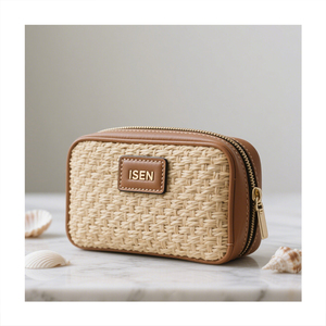 Bolsa de Aseo <span class=keywords><strong>ISEN</strong></span> Personalizada con Logotipo Estilo Natural de Paja para Maquillaje, Neceser Cosmético con Cremallera para Productos de Belleza y Cuidado de la Piel - Product Image 2