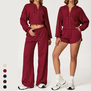 Set abbigliamento sportivo Casual da donna pantaloni larghi <span class=keywords><strong>con</strong></span> cerniera in cotone <span class=keywords><strong>con</strong></span> cappuccio a vita alta fascia elastica a maniche lunghe ampia ampia - Product Image 1